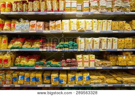 ZURICH, SWITZERLAND - CIRCA OCTOBER, 2018: interior shot of Migros supermarket in Zurich International Airport. Migros is Switzerland's largest retail company.