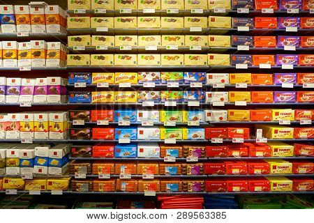ZURICH, SWITZERLAND - CIRCA OCTOBER, 2018: interior shot of Migros supermarket in Zurich International Airport. Migros is Switzerland's largest retail company.