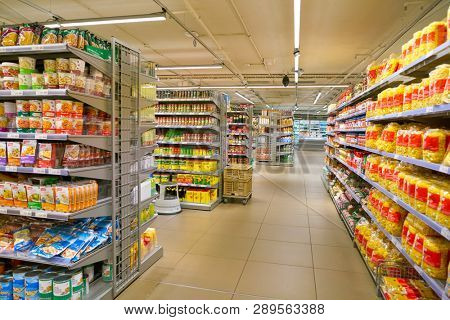 ZURICH, SWITZERLAND - CIRCA OCTOBER, 2018: interior shot of Migros supermarket in Zurich International Airport. Migros is Switzerland's largest retail company.