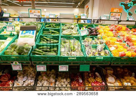 ZURICH, SWITZERLAND - CIRCA OCTOBER, 2018: interior shot of Migros supermarket in Zurich International Airport. Migros is Switzerland's largest retail company.