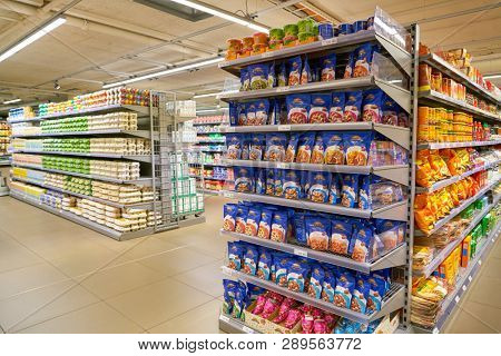 ZURICH, SWITZERLAND - CIRCA OCTOBER, 2018: interior shot of Migros supermarket in Zurich International Airport. Migros is Switzerland's largest retail company.