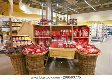 ZURICH, SWITZERLAND - CIRCA OCTOBER, 2018: interior shot of Migros supermarket in Zurich International Airport. Migros is Switzerland's largest retail company.