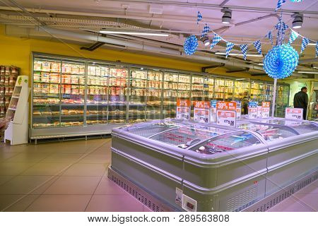 ZURICH, SWITZERLAND - CIRCA OCTOBER, 2018: interior shot of Migros supermarket in Zurich International Airport. Migros is Switzerland's largest retail company.