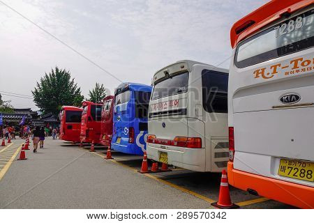 Nami, South Korea - Feb 6, 2015. Buses Bring Tourists To The Nami Island. Nami Is Korea Most Globall
