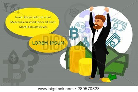 Happy Successful Businessman Flat Banner Template. Trader, Broker, Investor Vector Drawing With Text