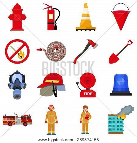 Fire Fighter Icon Set. Flat Set Of Fire Fighter Vector Icons For Web Design