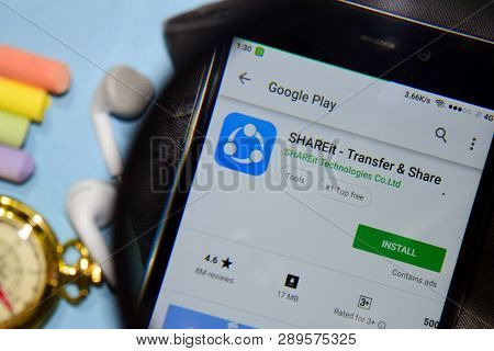 Bekasi, West Java, Indonesia. March 15, 2019 : Shareit - Transfer & Share Dev App With Magnifying On