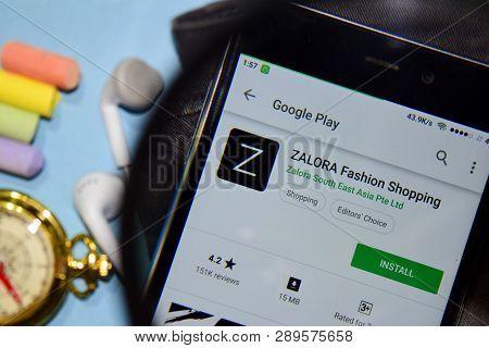 Bekasi, West Java, Indonesia. March 15, 2019 : Zalora Fashion Shopping Dev App With Magnifying On Sm
