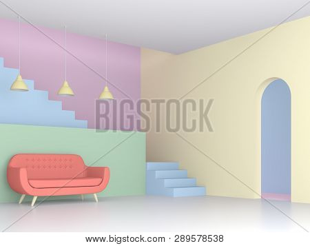 Colorful Living Room With Pastel Concept 3d Render,there Are White Floor,multi Color Wall,decorate W
