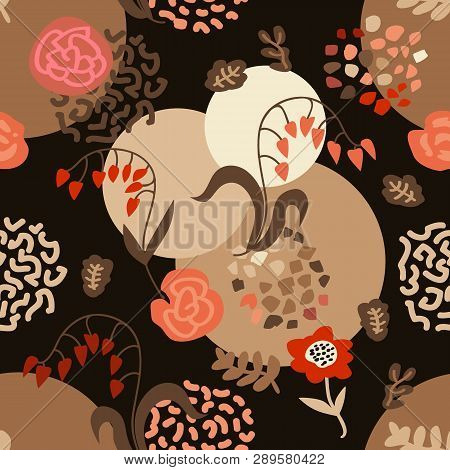 Seamless Vector Pattern With Abstract Flowers, Leaves And Dotted Textures. Retro Textile Collection.