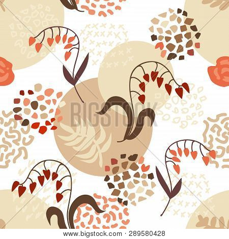 Seamless Vector Pattern With Abstract Flowers, Leaves And Dotted Textures. Retro Textile Collection.