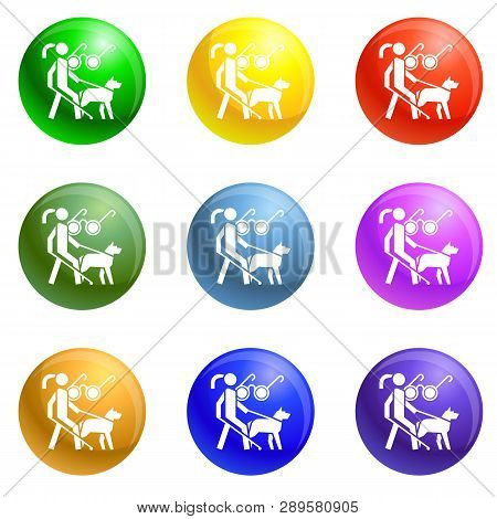 Woman Blind Dog Guide Icons Vector 9 Color Set Isolated On White Background For Any Web Design