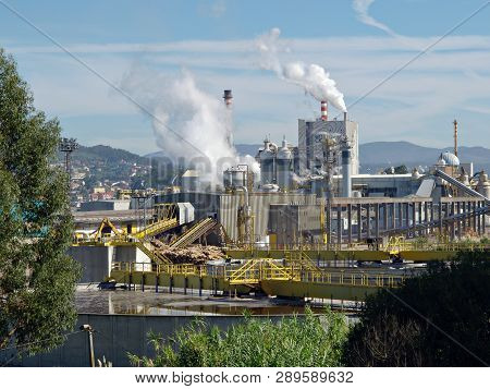 Pontevedra, Spain; February 26 2019: ENCE pulp wood factory Manufacturer of paper in the Ria de Pontevedra, Galicia Spain