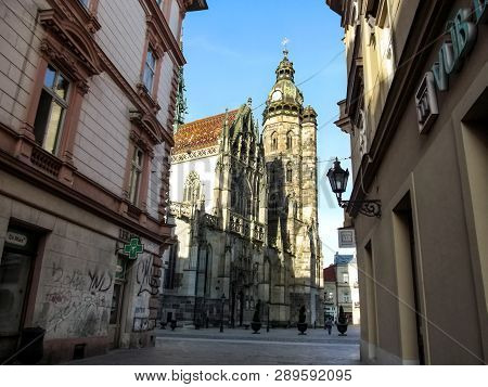 Slovakia, Kosice - May 2, 2018: View Of The Cathedral Of St. Elizabeth From Mlynska Street In Kosice