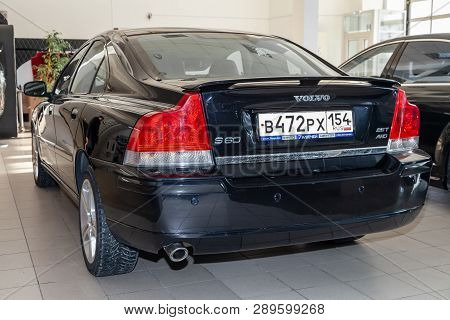 Novosibirsk, Russia - 08.01.2018: Black Volvo S60 2008 Release With An Engine Of 2.5 Liters Rear Vie