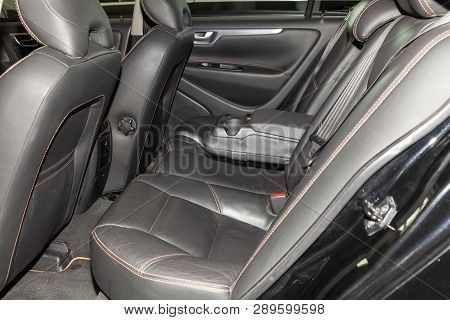 Novosibirsk, Russia - 08.01.18: Interior View With Leather Seats And Opened Door Of Black Used Volvo