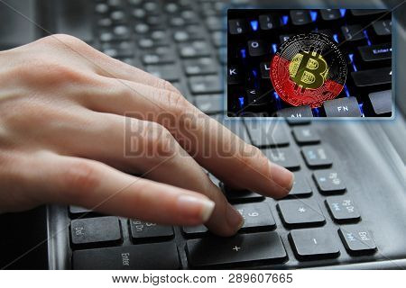 Hand Of The Girl On The Keyboard Close Up With The Concept Of Digital Technology On The Purchase And