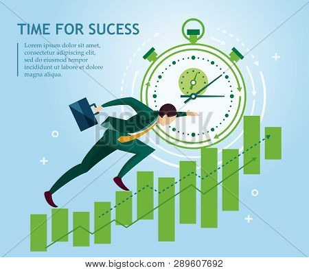 Time For Success. Businessman Climbs The Price Chart Ledder On The Background Of The Stopwatch. Busi