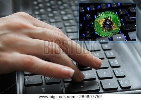 Hand Of The Girl On The Keyboard Close Up With The Concept Of Digital Technology On The Purchase And