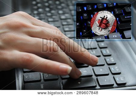 Hand Of The Girl On The Keyboard Close Up With The Concept Of Digital Technology On The Purchase And