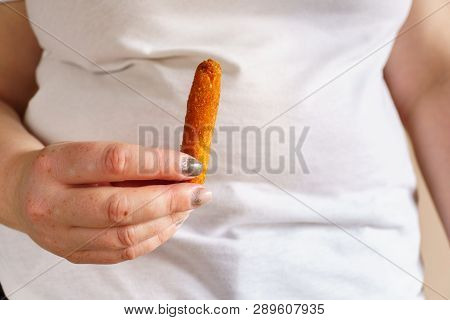 Processed Products, Fast Food, Unhealthy Diet, Imbalanced Ration. Overweight Woman Eating Breaded Fa