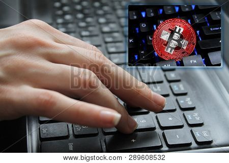 Hand Of The Girl On The Keyboard Close Up With The Concept Of Digital Technology On The Purchase And