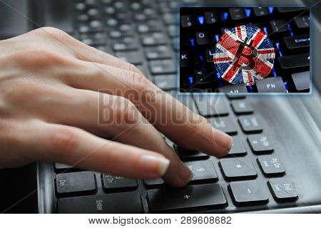 Hand Of The Girl On The Keyboard Close Up With The Concept Of Digital Technology On The Purchase And