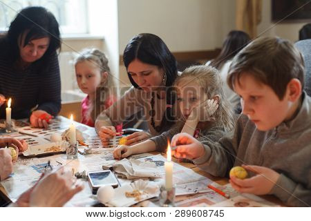 Lviv, Ukraine - March 11, 2018. Ukrainian Easter Eggs Painting Workshop.
