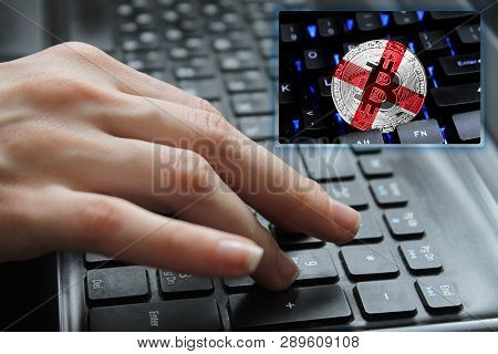 Hand Of The Girl On The Keyboard Close Up With The Concept Of Digital Technology On The Purchase And