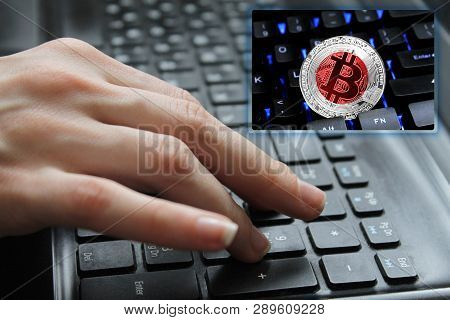 Hand Of The Girl On The Keyboard Close Up With The Concept Of Digital Technology On The Purchase And