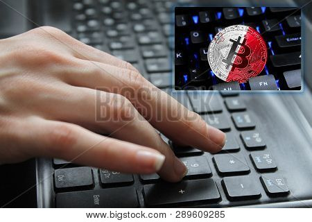 Hand Of The Girl On The Keyboard Close Up With The Concept Of Digital Technology On The Purchase And