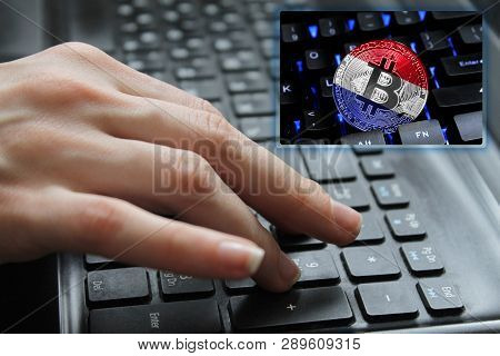 Hand Of The Girl On The Keyboard Close Up With The Concept Of Digital Technology On The Purchase And