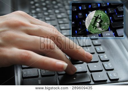 Hand Of The Girl On The Keyboard Close Up With The Concept Of Digital Technology On The Purchase And