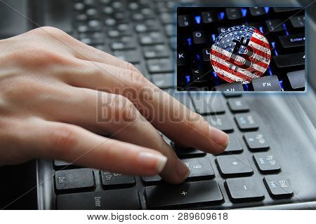 Hand Of The Girl On The Keyboard Close Up With The Concept Of Digital Technology On The Purchase And