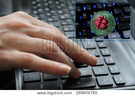 Hand Of The Girl On The Keyboard Close Up With The Concept Of Digital Technology On The Purchase And