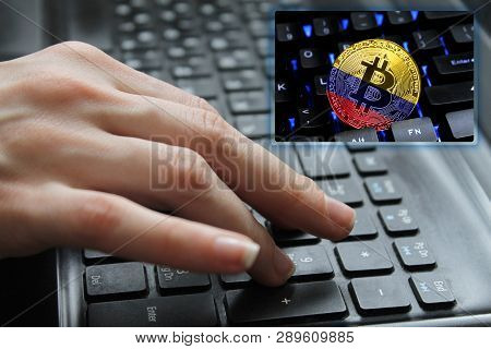 Hand Of The Girl On The Keyboard Close Up With The Concept Of Digital Technology On The Purchase And