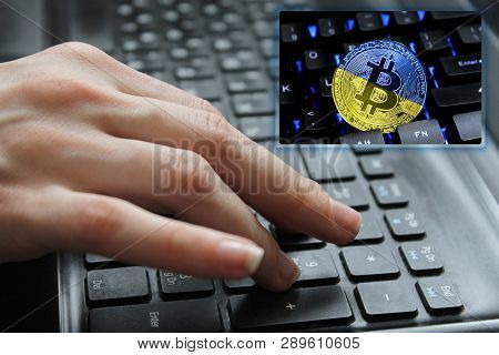 Hand Of The Girl On The Keyboard Close Up With The Concept Of Digital Technology On The Purchase And