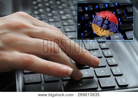 Hand Of The Girl On The Keyboard Close Up With The Concept Of Digital Technology On The Purchase And