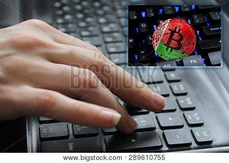 Hand Of The Girl On The Keyboard Close Up With The Concept Of Digital Technology On The Purchase And