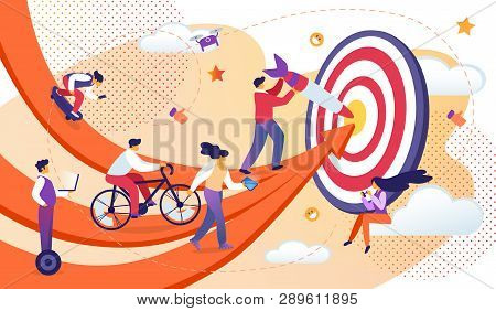 Business People Moving By Red Arrows To Common Target. Men And Women Working Process For Reach Aim A