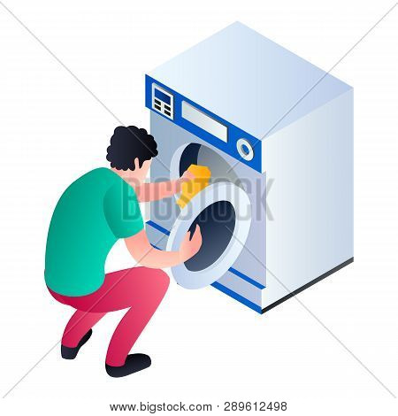 Man Take Clothes Wash Machine Icon. Isometric Of Man Take Clothes Wash Machine Icon For Web Design I