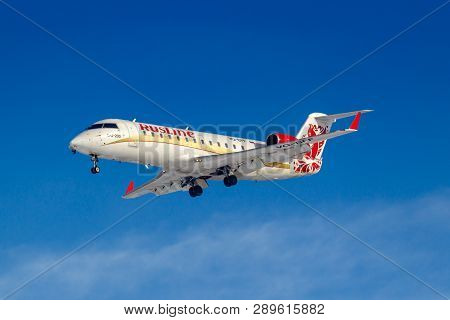 Moscow, Russia - March 14, 2019: Aircraft Bombardier Crj-200 Vq-bff Of Rusline Airine Going To Landi