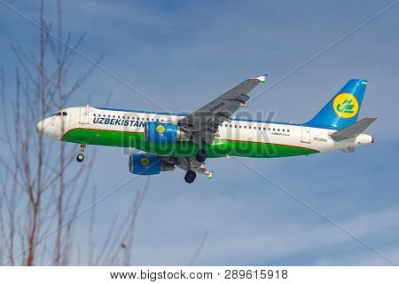 Moscow, Russia - March 14, 2019: Aircraft Airbus A320-200 Uk32012 Of Uzbekistan Airways Going To Lan