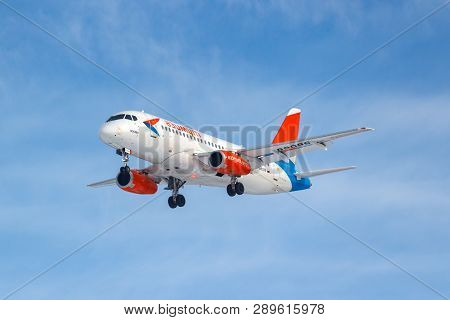 Moscow, Russia - March 14, 2019: Aircraft Sukhoi Superjet 100 Ra-89096 Of Azimuth Airlines Going To 