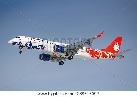 Moscow, Russia - March 14, 2019: Aircraft Embraer Erj-190 Vp-bhh Of Buta Airways Going To Landing At