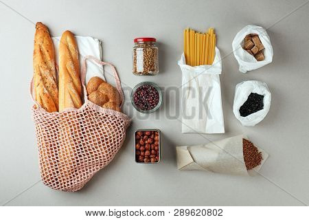 Zero Waste Food Shopping. Eco Natural Bags And Glass Jar With Food, Eco Friendly, Flat Lay. Sustaina