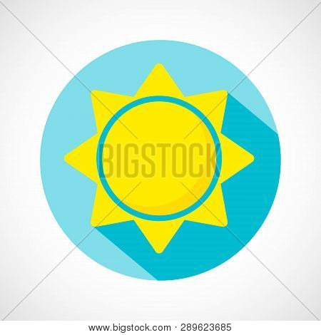 Color Weather Sunny Day Icon In Flat Style. Sun With Long Shadow On Blue Circle For Print, Web Or Mo