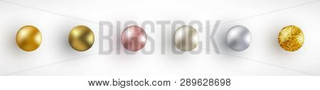 Set Of Gold Glossy Sphere Isolated On White Background. Rose Gold, Platinum, Glitter, Silver, Pearl,