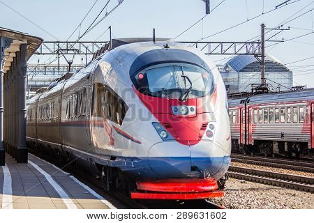 High-speed Train Sapsan. Fast Speed Travel Moscow - St. Petersburg. Station Lyuban, Russia, Leningra