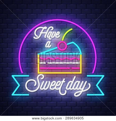 Sweet Food- Neon Sign Vector On Brick Wall Background